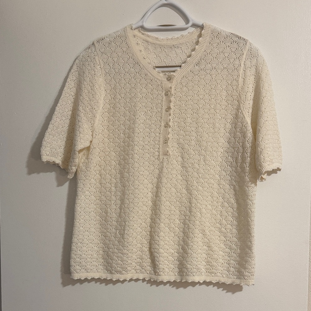 Cream Knit Short Sleeve Henley Top